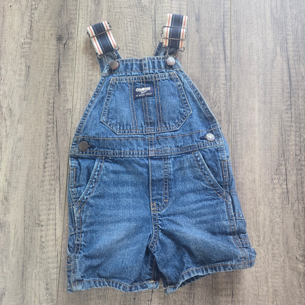 OshKosh Bgosh Toddler Boys Denim Shortalls Blue Medium Wash Striped‎ Straps 2T